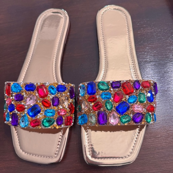 Embellished Gold Slide Sandals - Picture 2 of 8